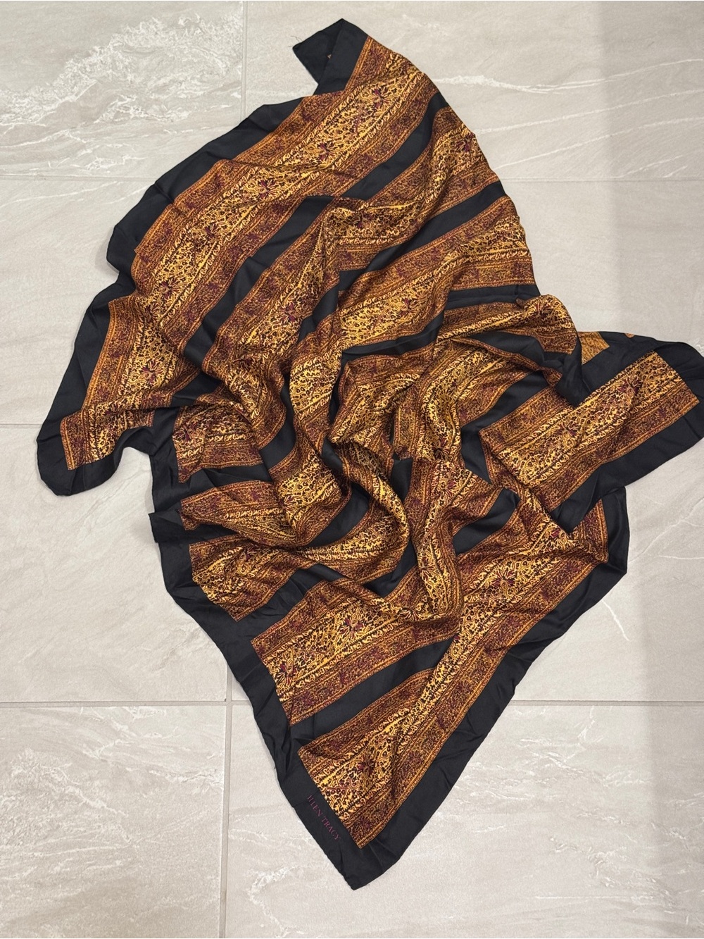 Ellen Tracy Black and Gold Striped Paisley Silk Scarf Hairwrap Purse Strap Decor